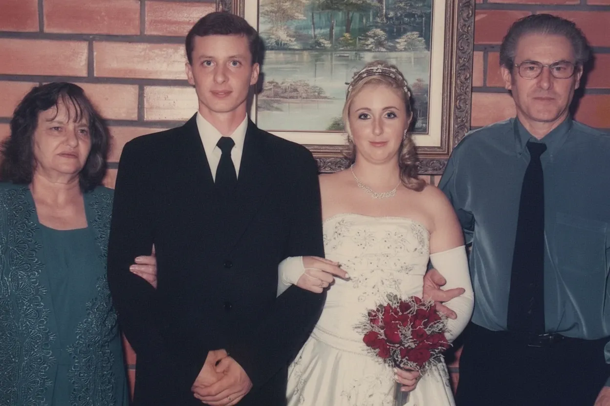 Quatro pessoas em um casamento, com uma noiva e um noivo no centro, ladeados por uma mulher e um homem mais velhos.