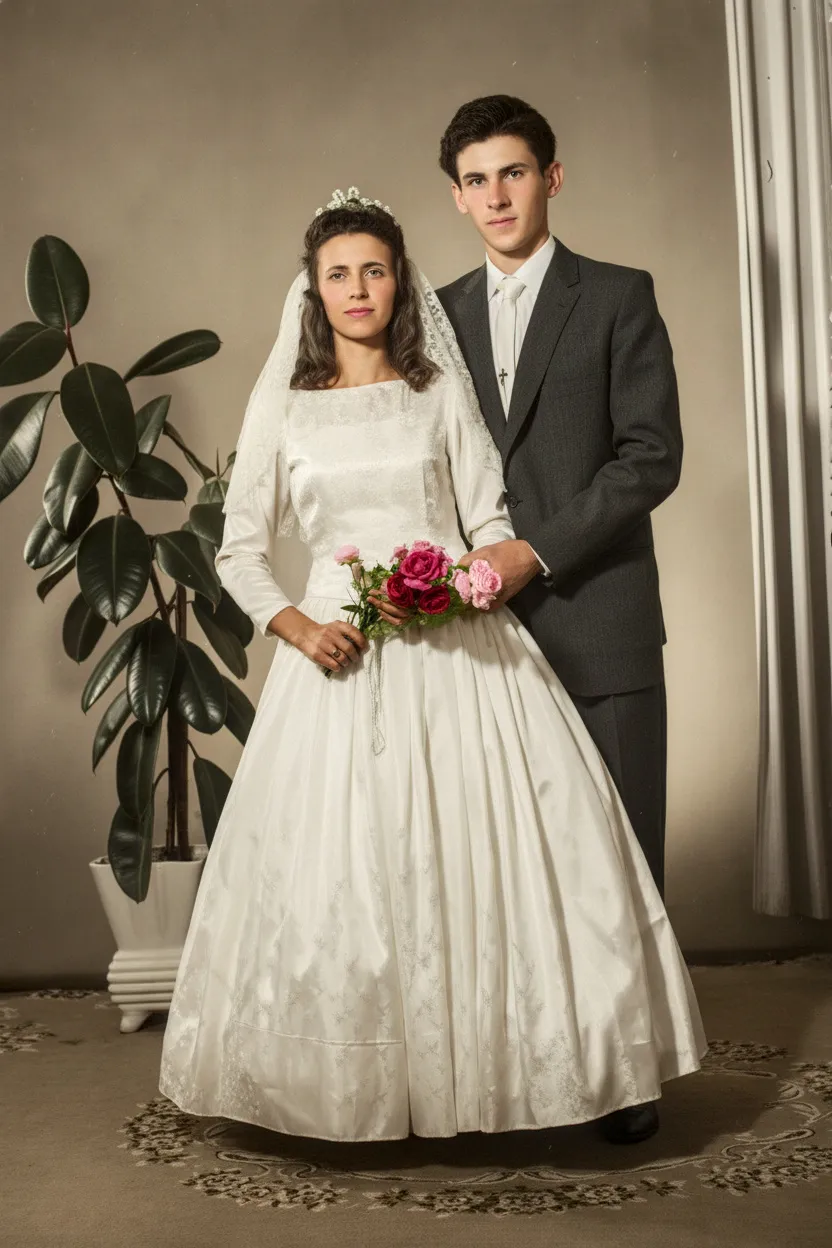 Uma foto de casamento vintage apresenta um casal jovem: a noiva está em primeiro plano, vestindo um vestido de noiva branco e segurando um buquê de rosas, enquanto o noivo está atrás dela, vestindo um terno cinza.