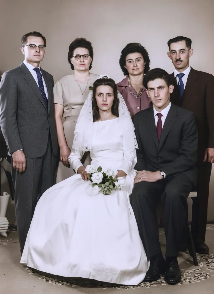 Retrato de família de casamento da década de 1950 com a noiva sentada na frente em um vestido branco e véu, segurando um buquê de rosas brancas, ladeada pelo noivo sentado e outras quatro pessoas em pé atrás.