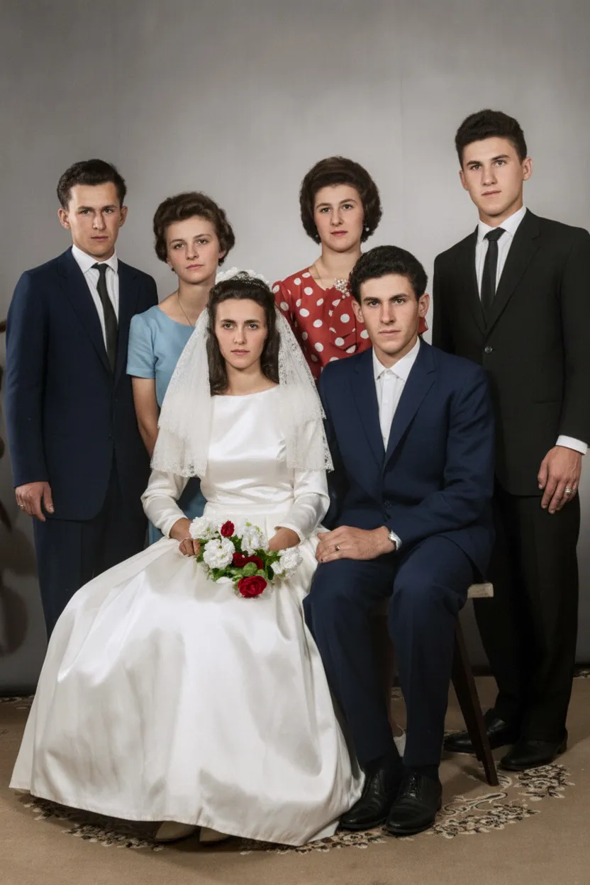 Retrato de estúdio vintage de um casamento com seis pessoas: a noiva e o noivo sentados na frente, a noiva segurando um buquê de rosas, e quatro outros convidados em pé atrás deles.