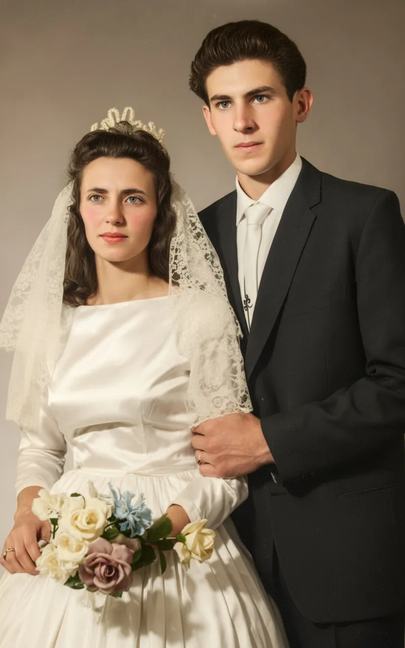 Uma jovem noiva em um vestido de cetim branco com buquê de flores e um noivo de terno preto posam para uma foto de casamento vintage.