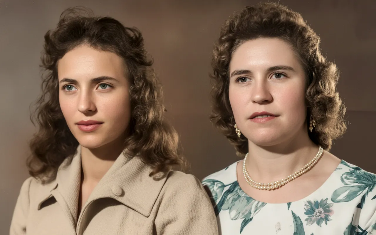 Duas mulheres, uma com cabelo castanho encaracolado e um casaco bege, e outra com cabelo encaracolado mais escuro, um colar de pérolas e um vestido floral, posam para um retrato.