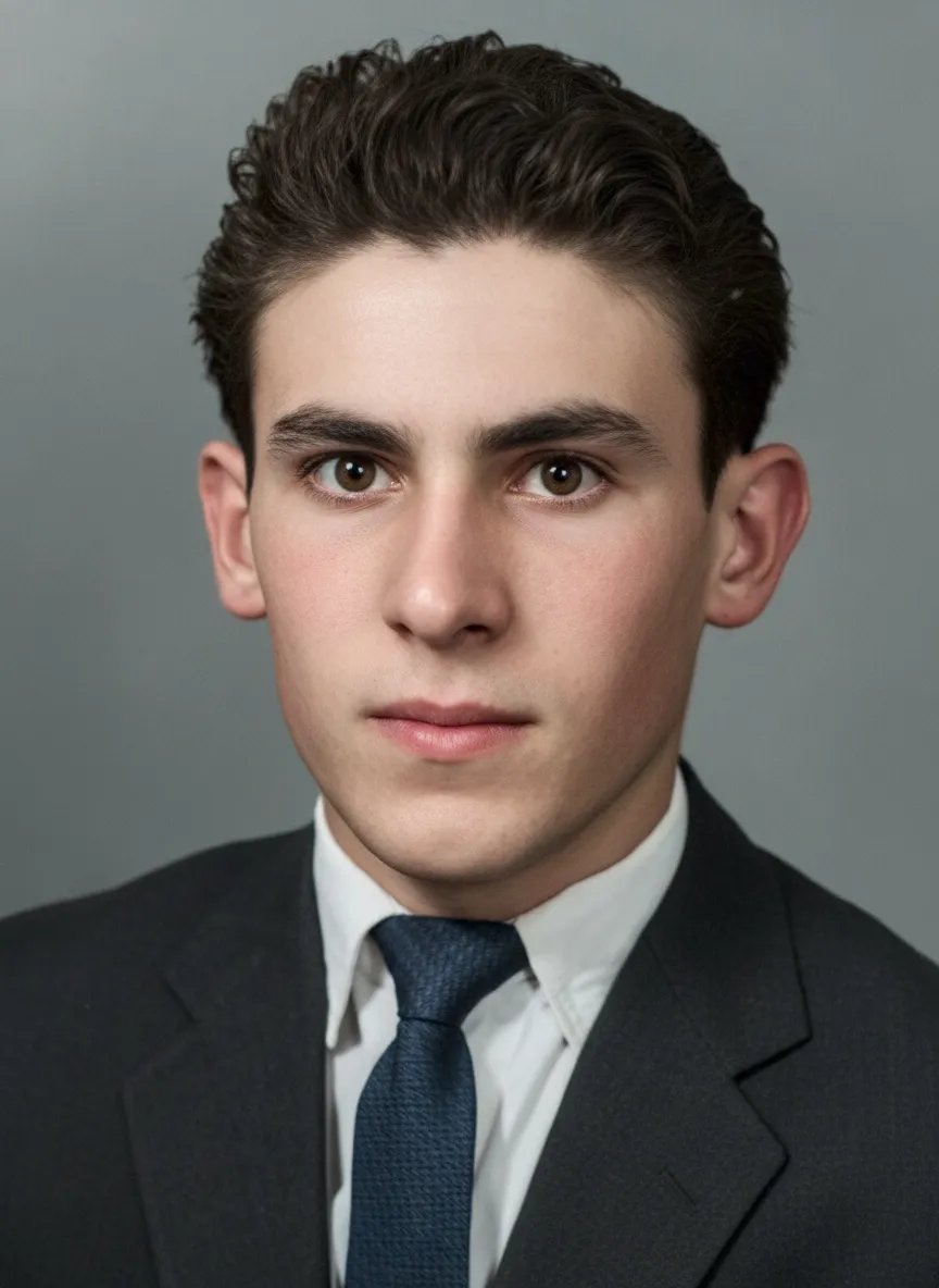 Um jovem sério com cabelo escuro e olhos castanhos, vestindo um terno cinza escuro com uma camisa branca e gravata azul-marinho, olhando diretamente para frente com uma expressão neutra.