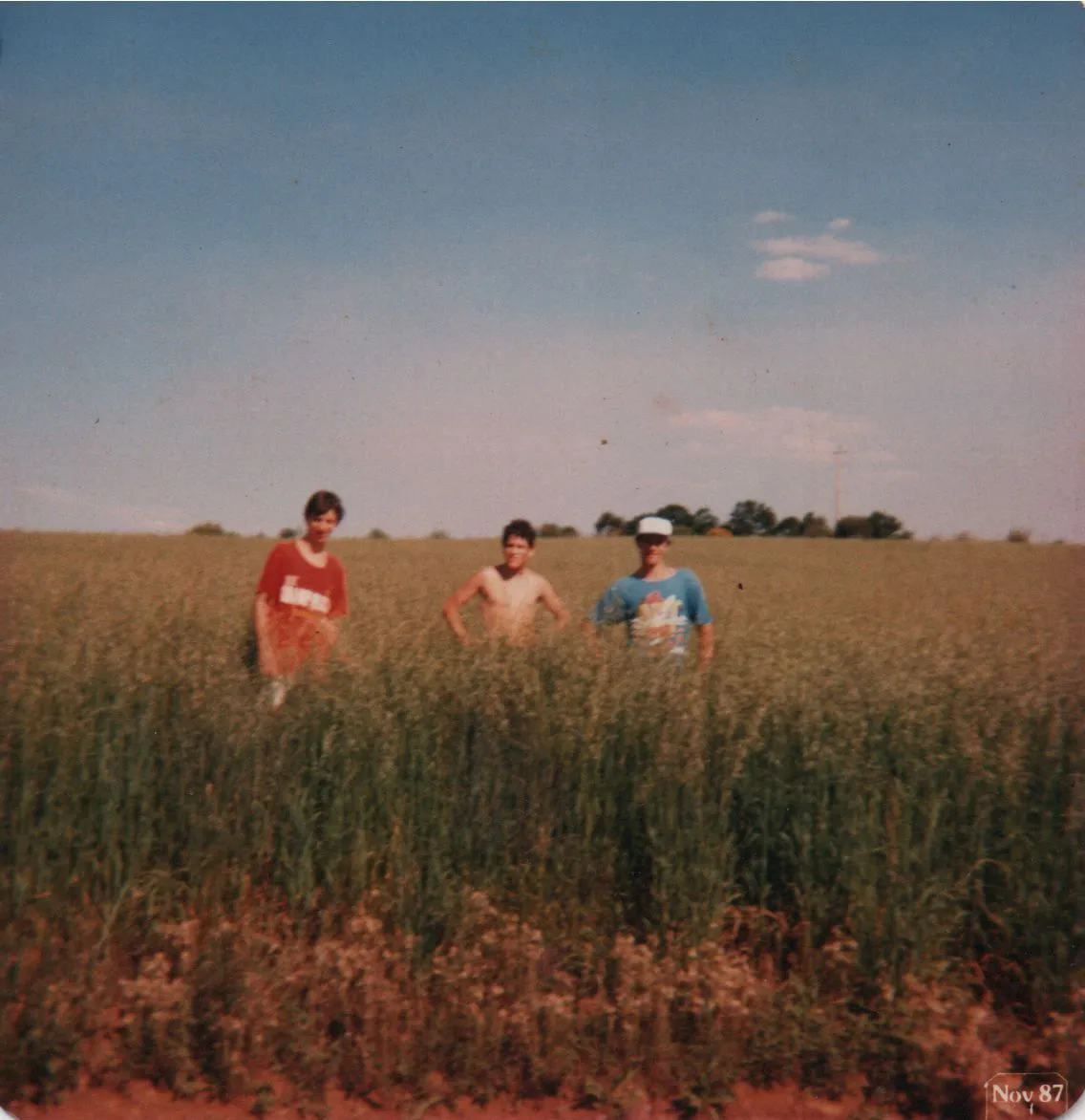 Três meninos posam em um campo verde sob um céu azul claro. (Original)