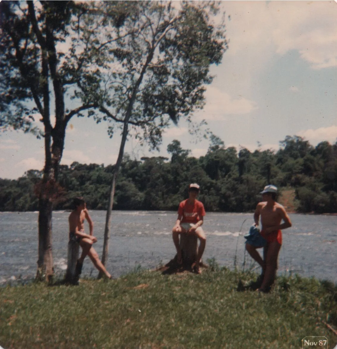 Três homens jovens em trajes de banho estão perto de uma grande árvore, com um em um toco e os outros dois de pé na grama ao lado de um rio largo e verdejante. (Original)