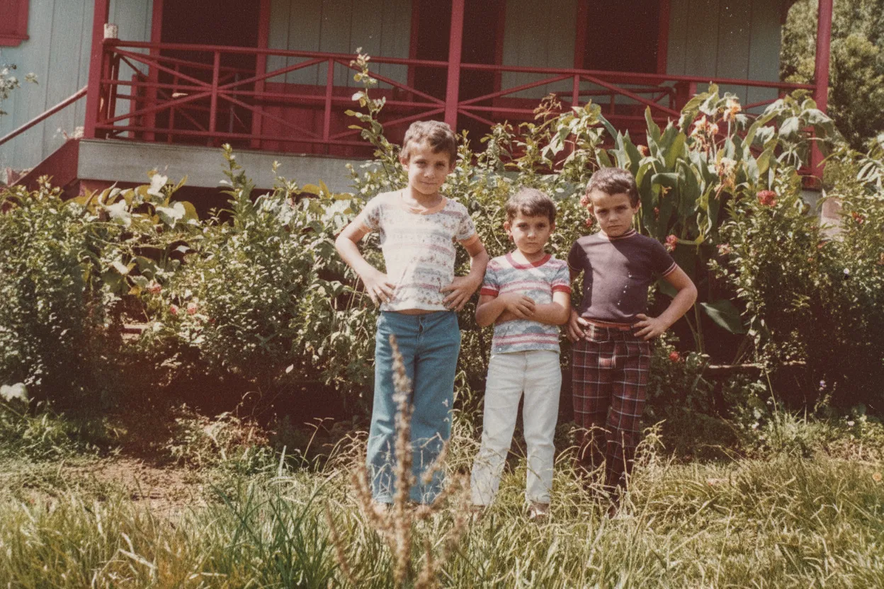 Três meninos em idades variadas posam em frente a um alpendre vermelho e uma vegetação exuberante, olhando diretamente para a câmera.