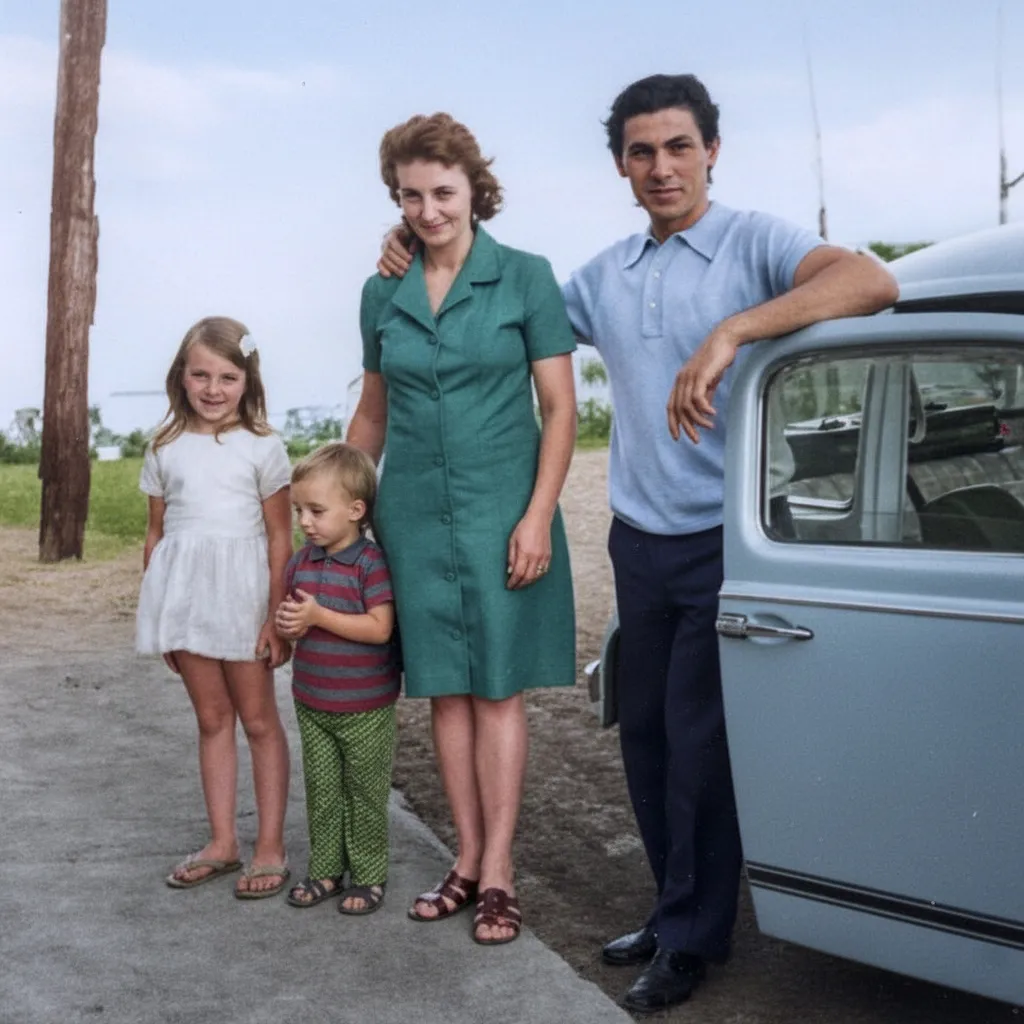 Uma família de quatro pessoas, incluindo um homem, uma mulher e duas crianças, posa ao lado de um carro azul-acinzentado, com o homem de camisa polo azul e a mulher de vestido verde, a menina de branco e o menino de camisa listrada, todos com sandálias, e um céu claro e a água à distância.