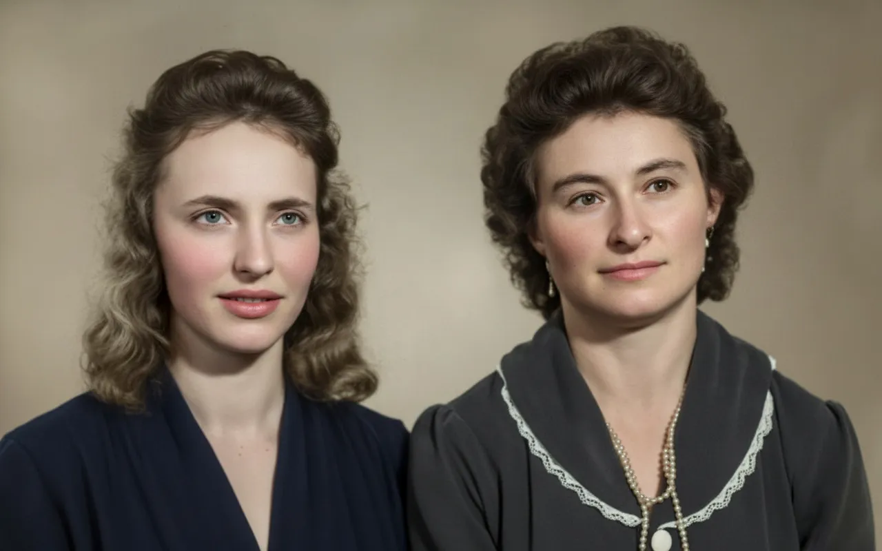 Retrato frontal de duas mulheres com pele clara. A mulher da esquerda tem cabelo castanho-claro encaracolado e usa um vestido azul-marinho. A mulher da direita tem cabelo castanho-escuro ondulado e usa um vestido cinza com um colar de pérolas.