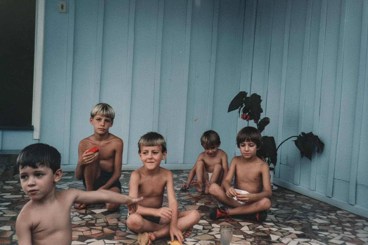 Cinco meninos sem camisa de 5 a 10 anos sentados em um pátio de azulejos marrons na frente de uma parede azul, alguns com as pernas cruzadas.