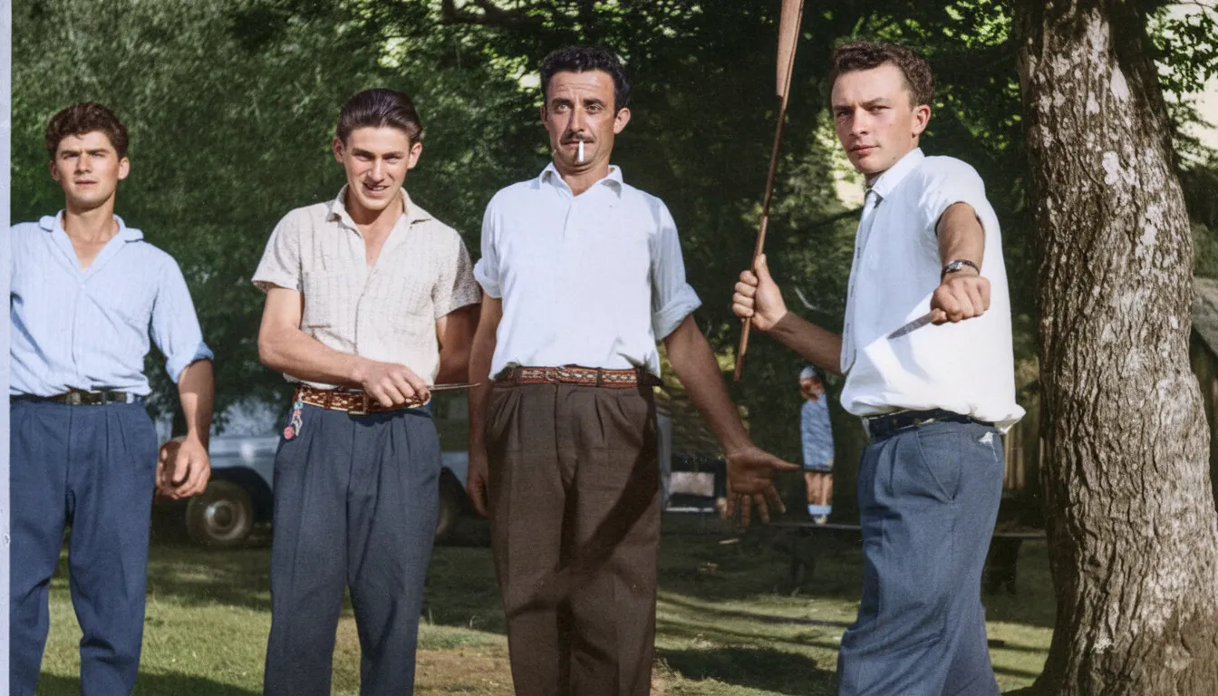 Quatro homens estão de pé e olhando para frente em um gramado sombrio, possivelmente um quintal, e três deles estão sorrindo.