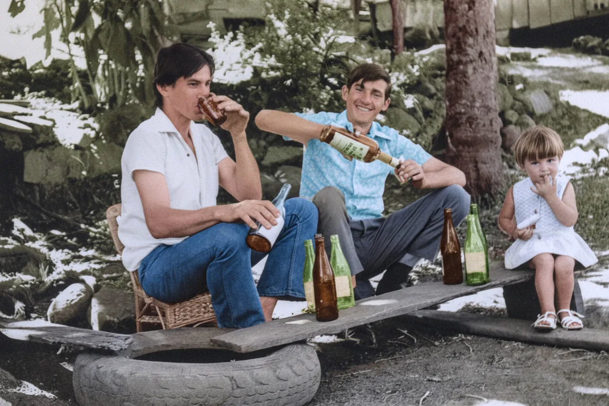 Dois homens bebem em um tábua improvisada com garrafas enquanto uma criança senta-se na ponta oposta.