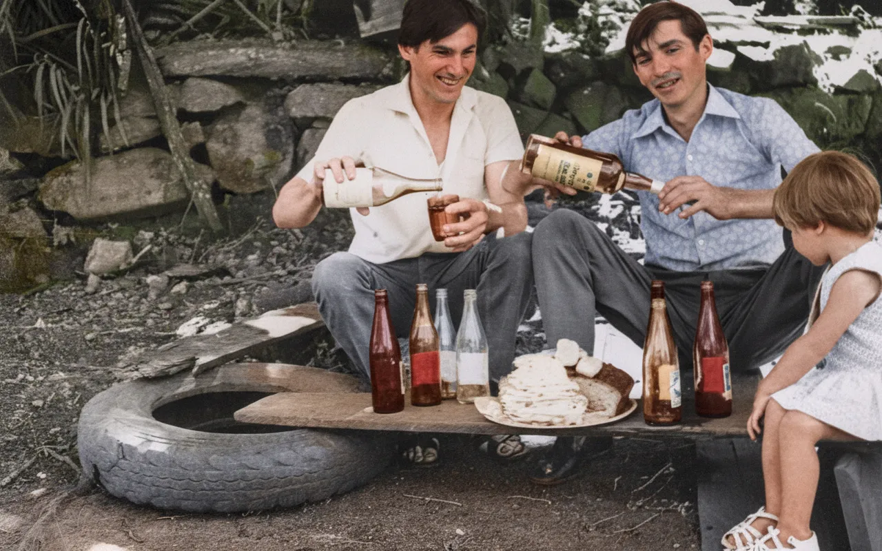 Dois homens sorridentes, sentados ao ar livre, servem bebidas de garrafas para copos e para outras garrafas, enquanto uma criança observa curiosamente ao lado de uma mesa improvisada com garrafas e comida.