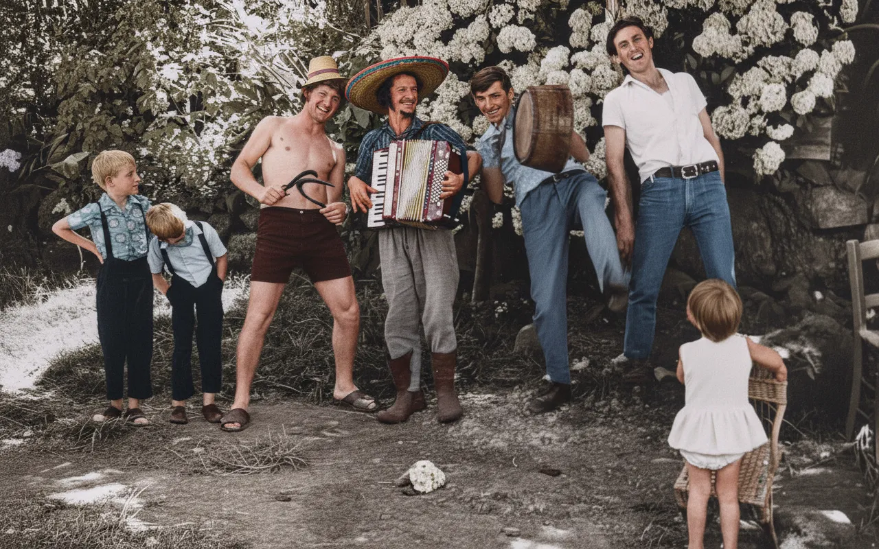 Um grupo de sete homens, jovens e crianças, em pé, em um ambiente externo com flores brancas e folhagem ao fundo, um homem está tocando acordeão e usando um chapéu mexicano enquanto os outros riem.