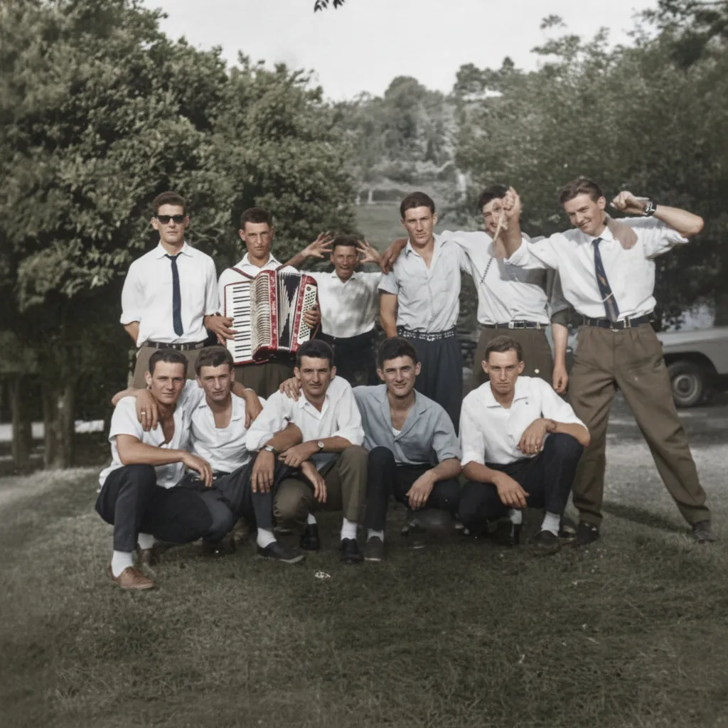 Um grupo de dez jovens posa ao ar livre. Um dos rapazes senta-se no centro a tocar um acordeão, enquanto os outros estão sentados ou em pé à sua volta, a sorrir.