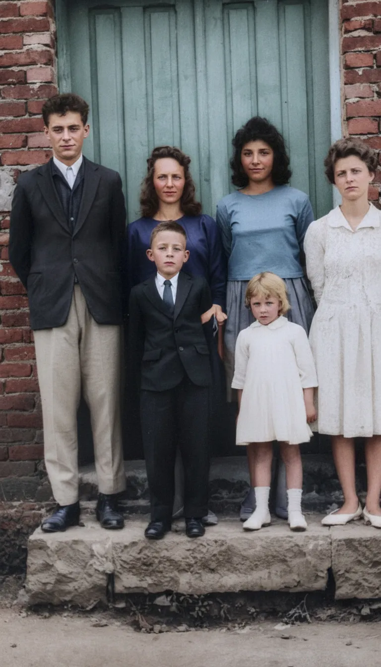 Grupo de cinco pessoas, três mulheres e dois meninos, posam em frente a uma porta azul-esverdeada com uma parede de tijolos vermelhos de cada lado. O menino do centro e o homem mais velho da esquerda estão vestidos com ternos pretos, enquanto as mulheres e a menina da direita estão vestidas com vestidos brancos e azuis.