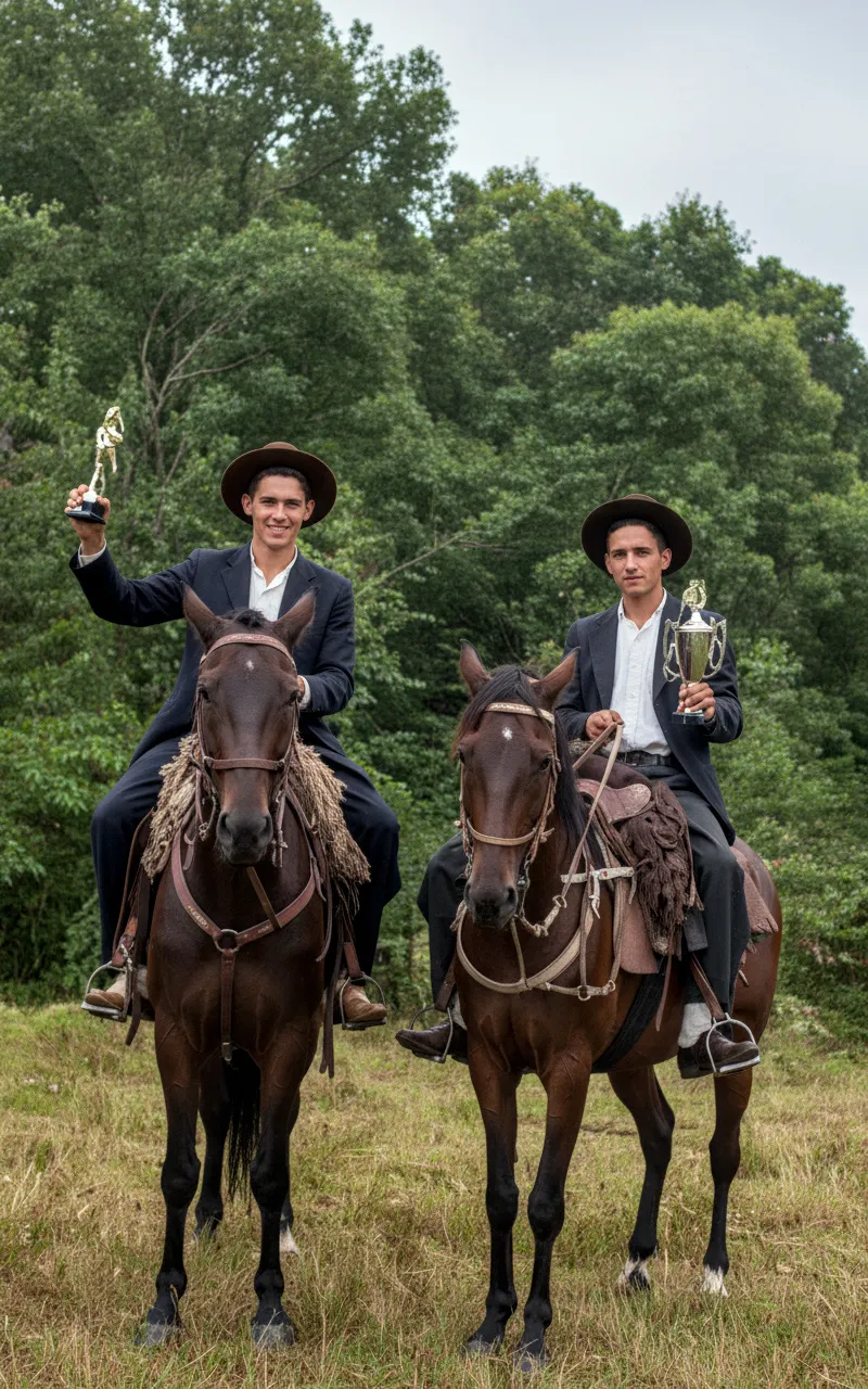 Dois homens sorridentes, vestidos com trajes formais escuros e chapéus marrons, montam a cavalo em uma área gramada com árvores ao fundo, cada um segurando um troféu dourado.