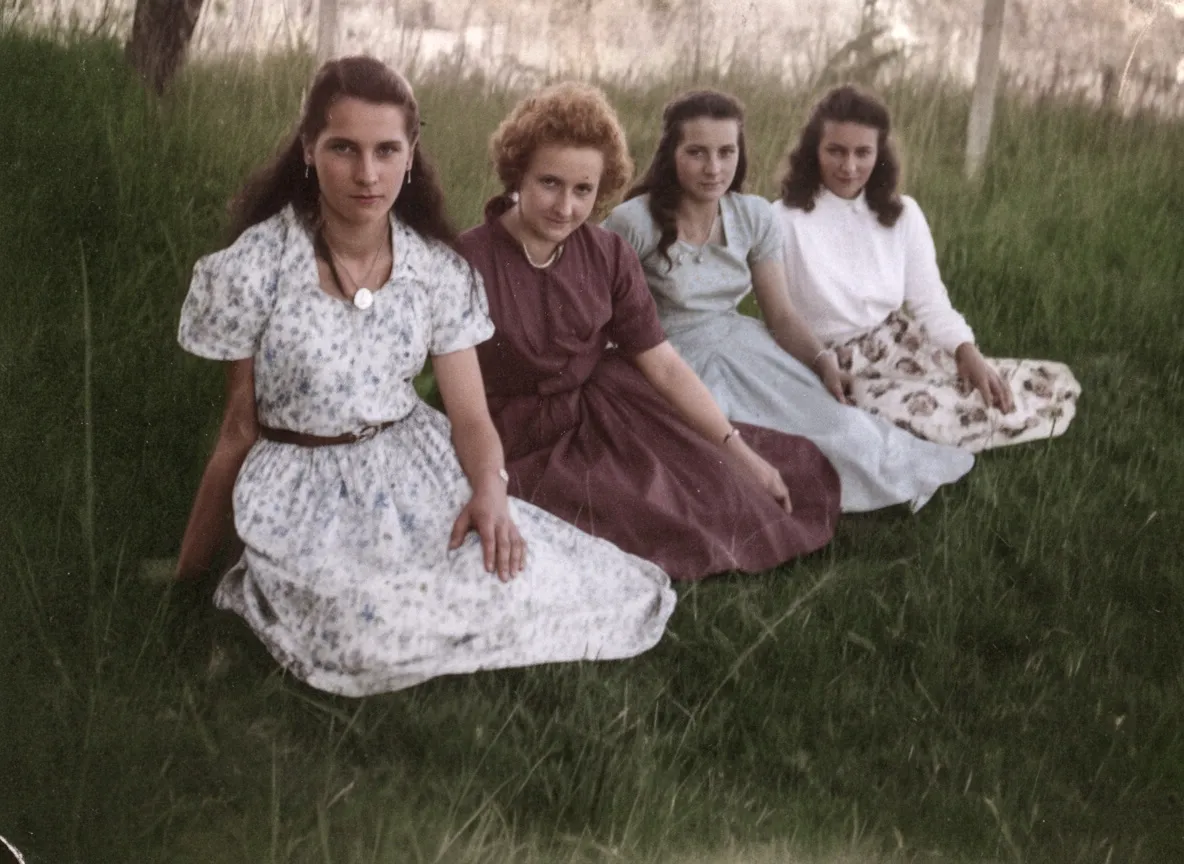 Quatro mulheres jovens com diferentes penteados e cores de cabelo estão sentadas na grama, vestindo vestidos florais de verão.