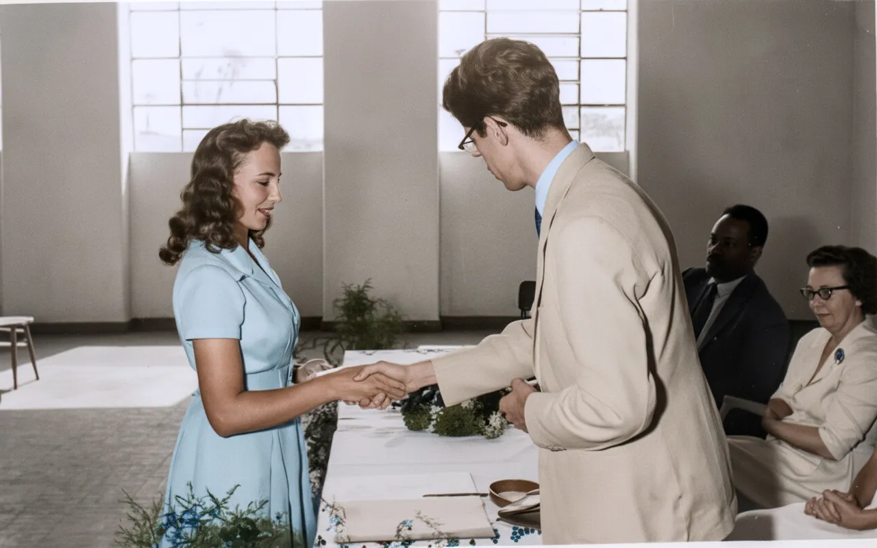 Uma jovem de vestido azul se inclina e aperta a mão de um homem de terno bege, que sorri para ela.