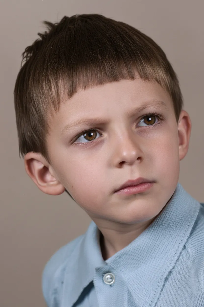 Um menino com cabelo castanho e uma camisa polo azul, olhando para o lado com uma expressão séria.