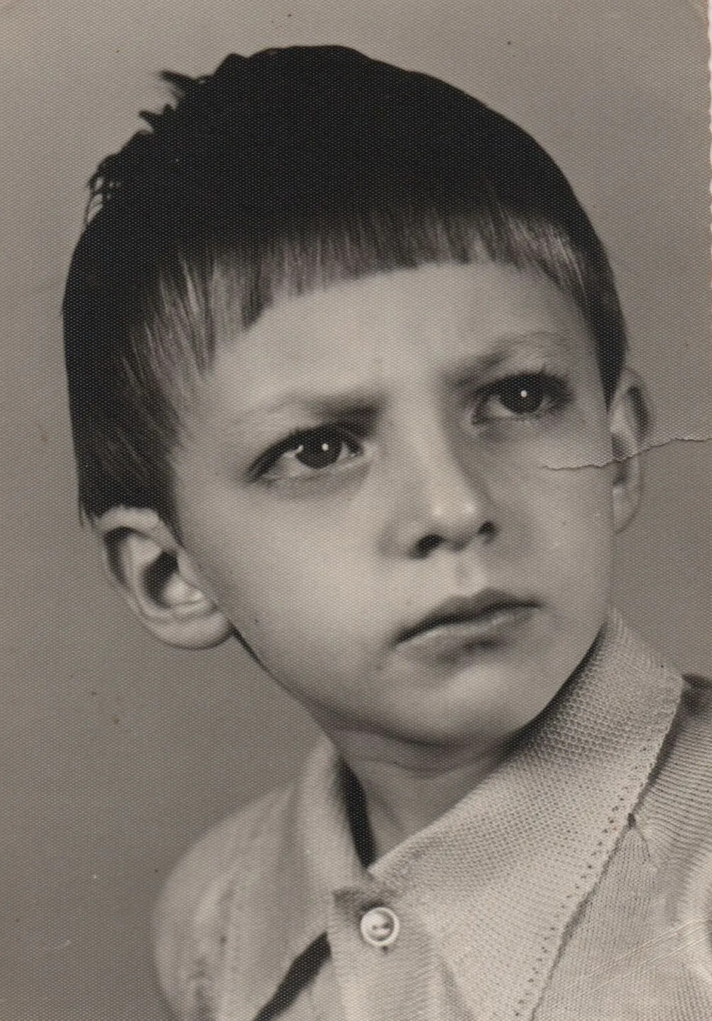 Um menino com cabelo castanho e uma camisa polo azul, olhando para o lado com uma expressão séria. (Original)