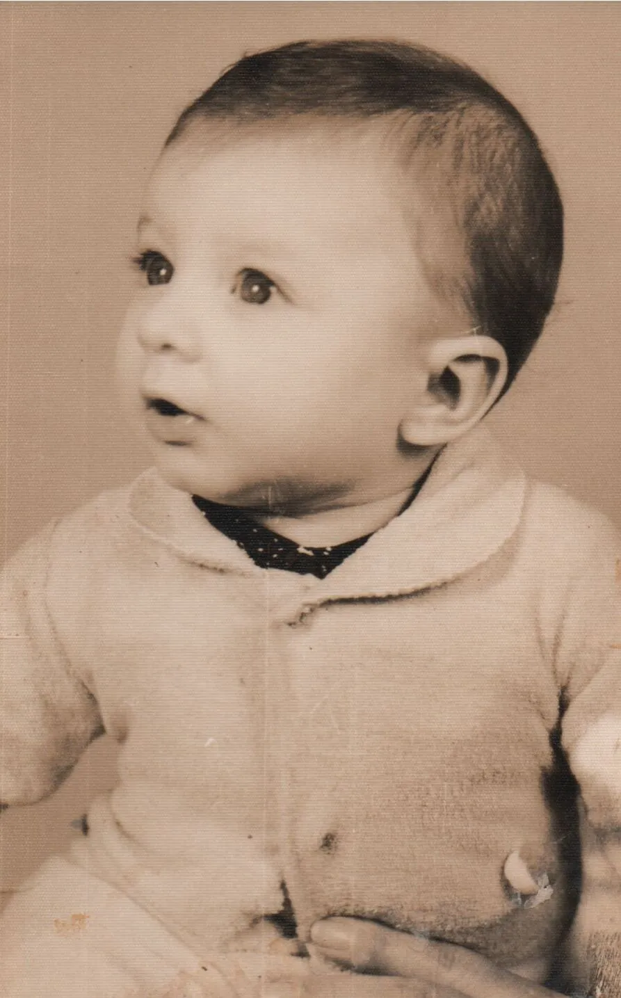 Um bebê com cabelo castanho e olhos castanhos olha para cima e para a esquerda, vestindo um suéter de tricô branco sobre uma camisa azul de bolinhas. (Original)