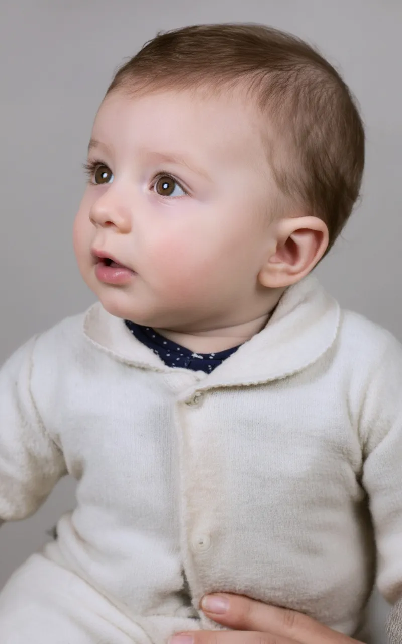 Um bebê com cabelo castanho e olhos castanhos olha para cima e para a esquerda, vestindo um suéter de tricô branco sobre uma camisa azul de bolinhas.