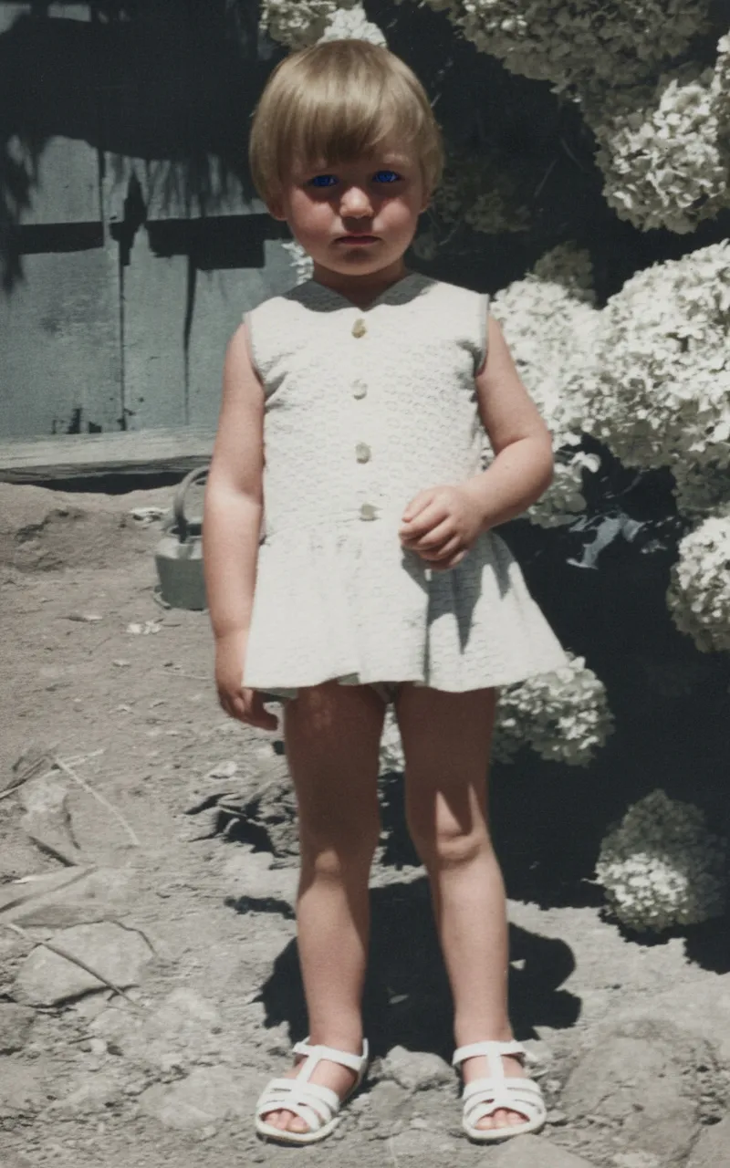 Uma criança loira com um corte de cabelo curto e franja, usando um vestido branco abotoado e sandálias, está de pé em um terreno rochoso em frente a uma parede de madeira e arbustos brancos.