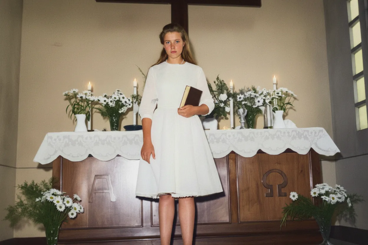 Jovem em um vestido branco segurando um livro em frente a um altar decorado com velas e flores brancas.