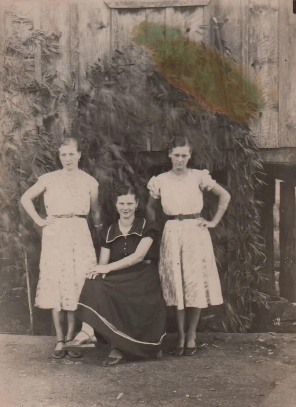 Três mulheres posam em frente a uma parede de madeira; duas estão de pé usando vestidos brancos, e uma está sentada usando um vestido azul-marinho. (Original)