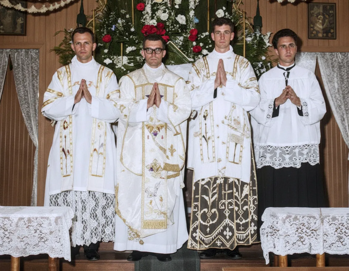 Quatro padres estão de pé na frente de um altar floral, com as mãos cruzadas em oração.