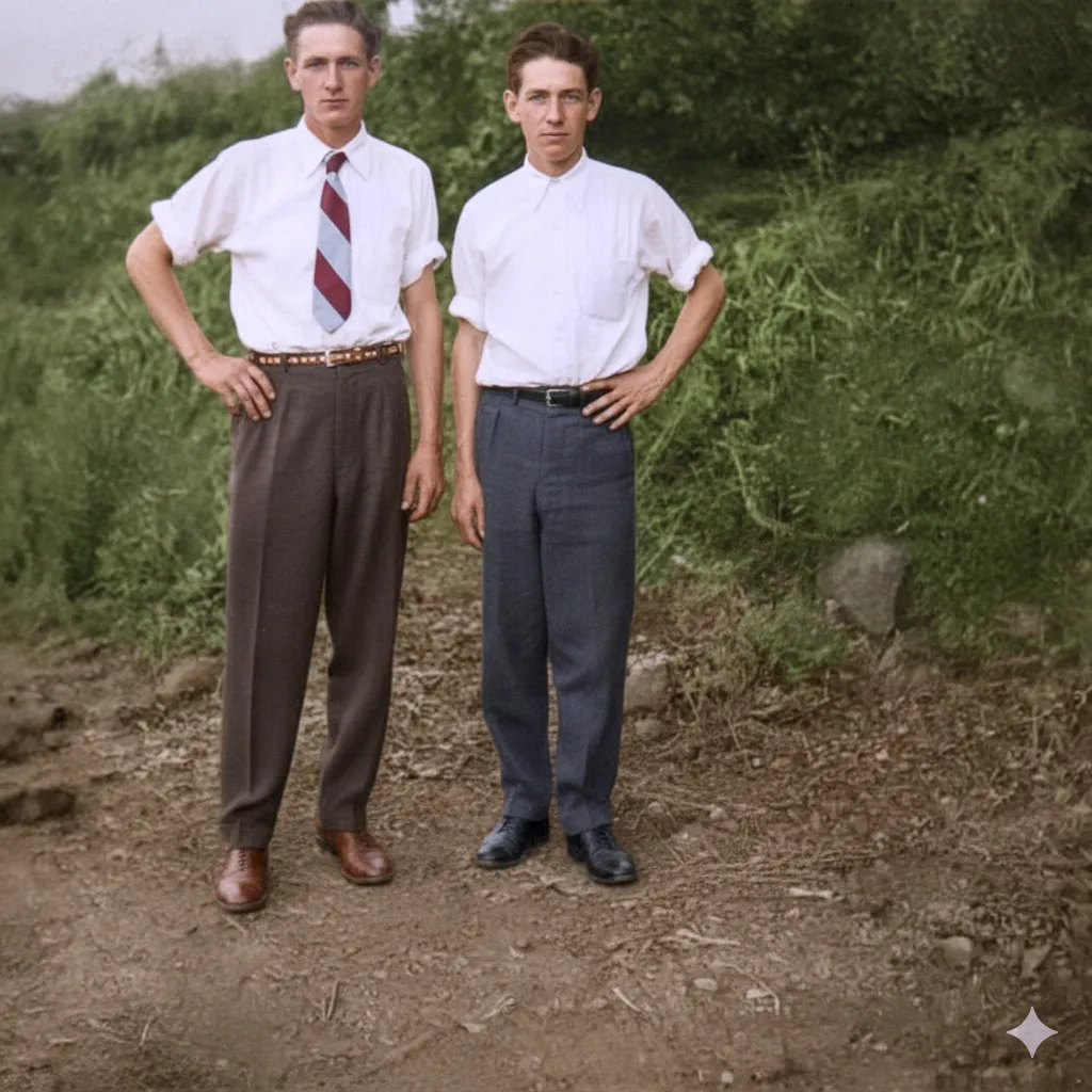Dois homens em pé em uma trilha de terra entre a folhagem.
