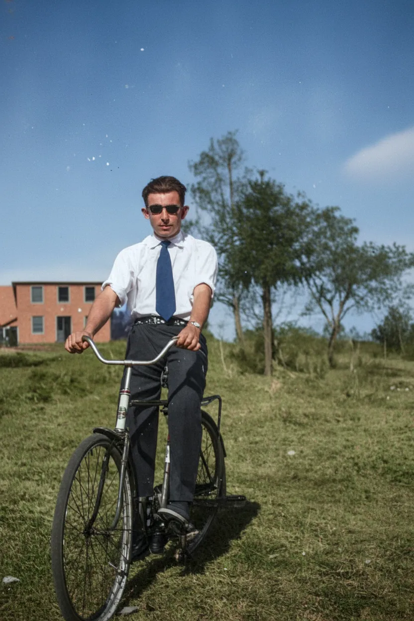 Homem de óculos escuros, camisa de manga curta e gravata azul, em pé ao lado de uma bicicleta preta em um campo gramado.