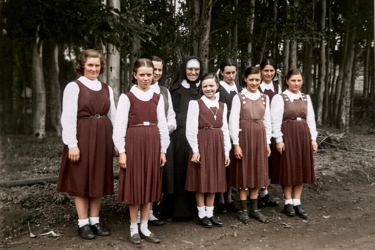 Uma freira e oito jovens estudantes posam para uma foto em pé ao ar livre com um fundo de árvores, em uma imagem em preto e branco com detalhes coloridos.