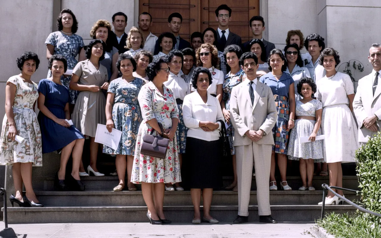 Grupo de homens e mulheres latinos elegantemente vestidos, a maioria deles jovens, posando em degraus ao ar livre.
