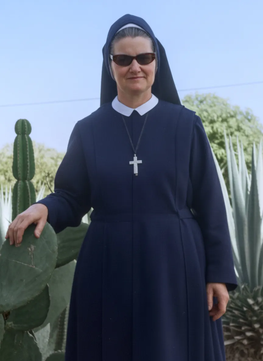 Uma freira sorridente de óculos de sol e hábito azul escuro, com um crucifixo pendurado no pescoço, posa ao ar livre ao lado de um cacto.