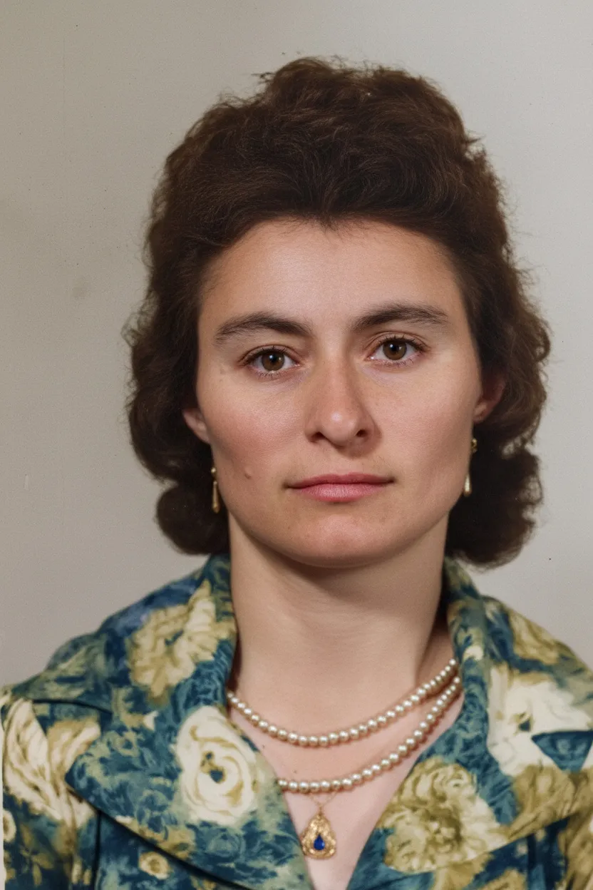 Retrato de uma mulher com cabelo castanho escuro e ondulado, usando um colar duplo de pérolas, brincos dourados e uma blusa floral azul e creme.