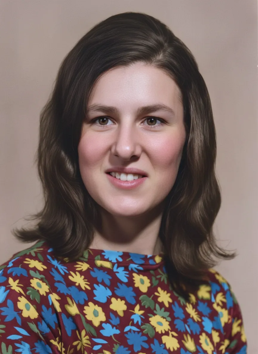 Uma mulher jovem com cabelo castanho escuro na altura dos ombros e um sorriso suave, vestindo uma blusa floral colorida.