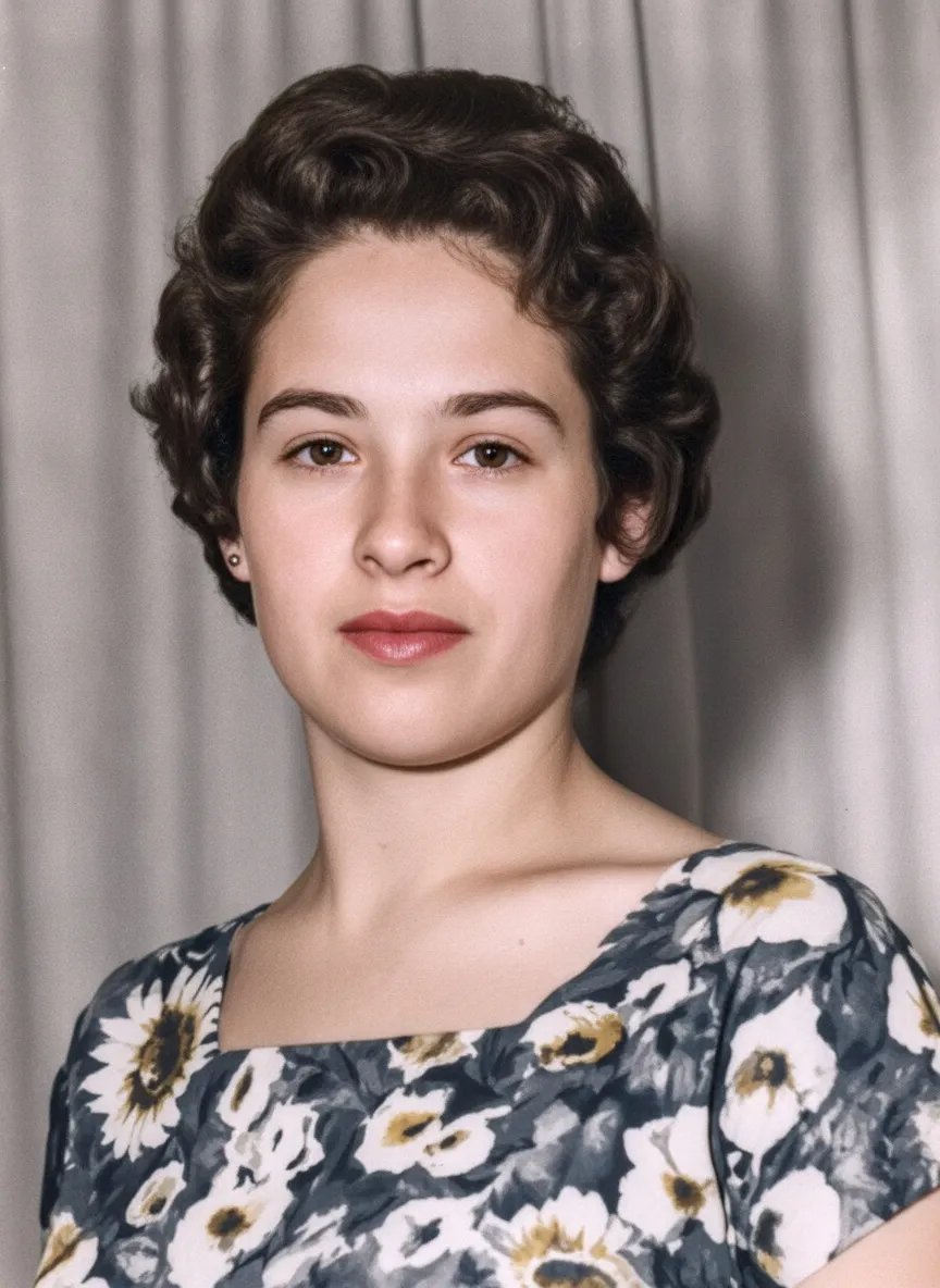 Retrato de uma jovem com cabelos escuros ondulados e lábios cor de cereja, usando um vestido floral.