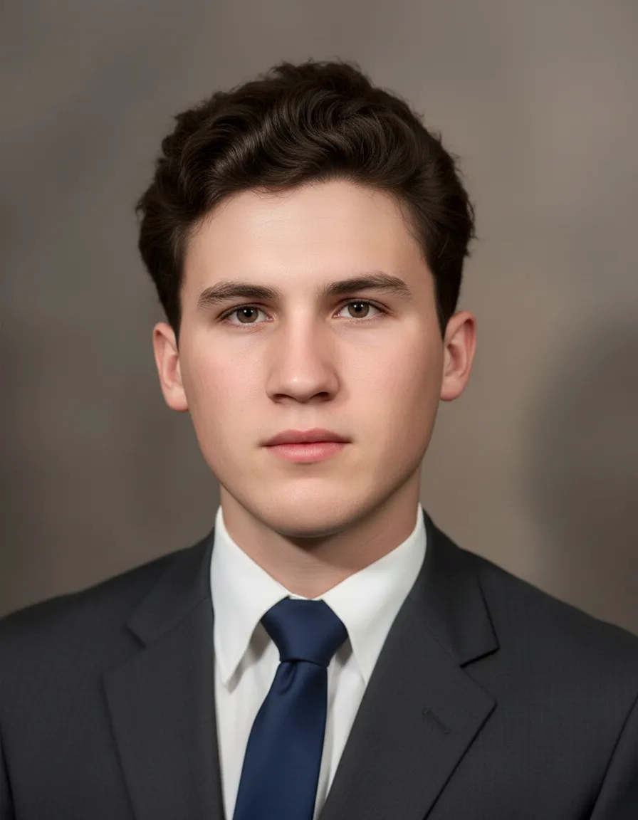 Retrato frontal de um jovem com cabelo castanho escuro e camisa branca de colarinho, gravata azul escura e paletó cinza escuro.