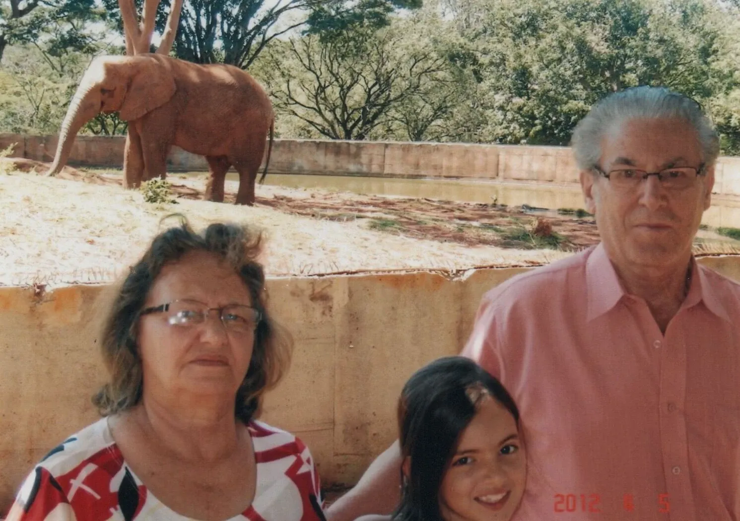 Um homem, uma mulher e uma criança posam para uma foto em um zoológico, com um elefante ao fundo.