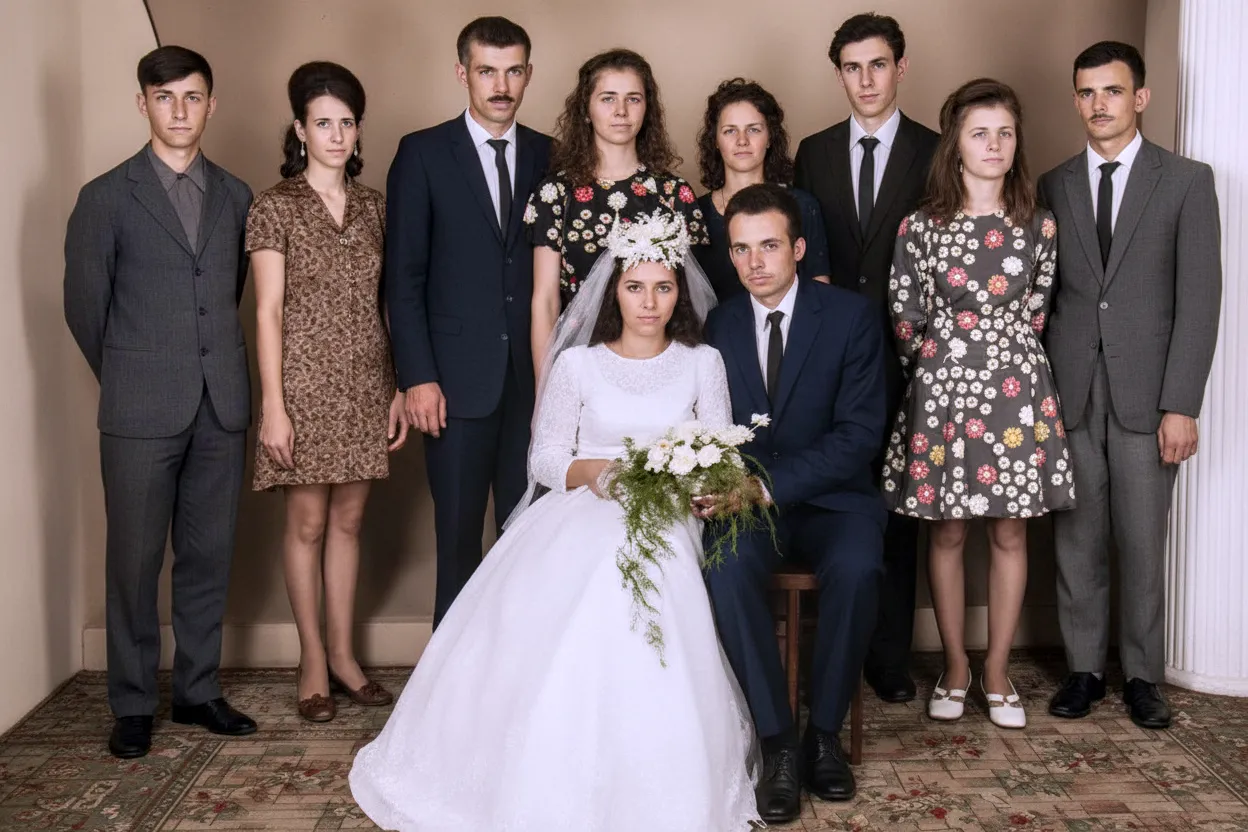 Foto de casamento de 1960 com dez pessoas, com a noiva sentada na frente ao lado do noivo, e os convidados, homens de terno e mulheres de vestido, emoldurando o casal.