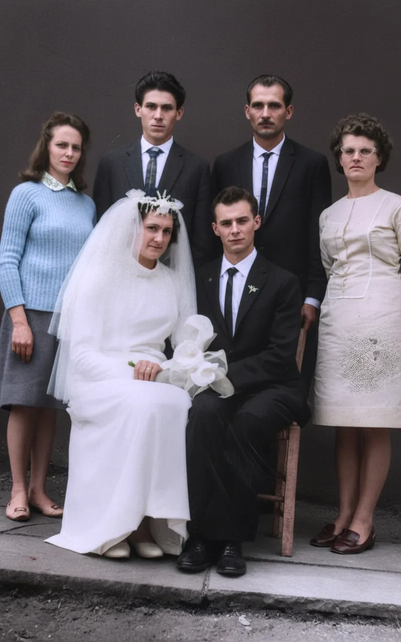 Uma foto de casamento vintage apresenta uma noiva e um noivo sentados, acompanhados por duas mulheres e dois homens em pé, todos olhando para a câmera.