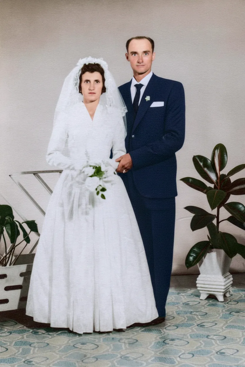 Casal de noivos posa para foto: ela, de vestido branco e véu, segura buquê; ele, de terno azul escuro, está ao lado dela.