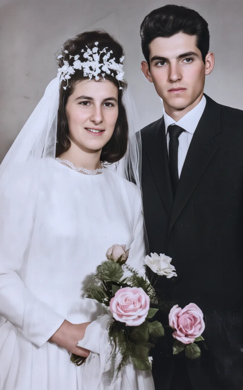 Retrato de um casal em trajes de casamento; a noiva sorri, segurando um buquê de rosas, ao lado do noivo.