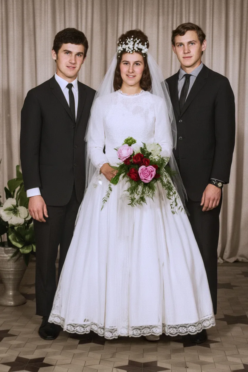 Noiva sorrindo com véu e buquê, ladeada por dois homens de terno, todos olhando para frente em uma foto de casamento vintage.