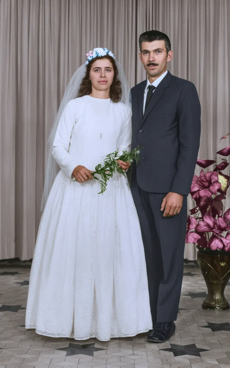 Casamento: Noiva séria em um vestido branco e coroa de flores, segurando um buquê, ao lado de um noivo sério de terno escuro.