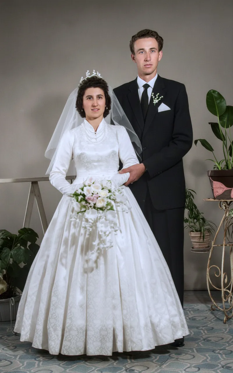 Retrato de casamento de um casal: a noiva está em primeiro plano, usando um vestido de cetim branco com mangas compridas e um véu, segurando um buquê de flores. O noivo está atrás dela, usando um terno escuro e gravata.