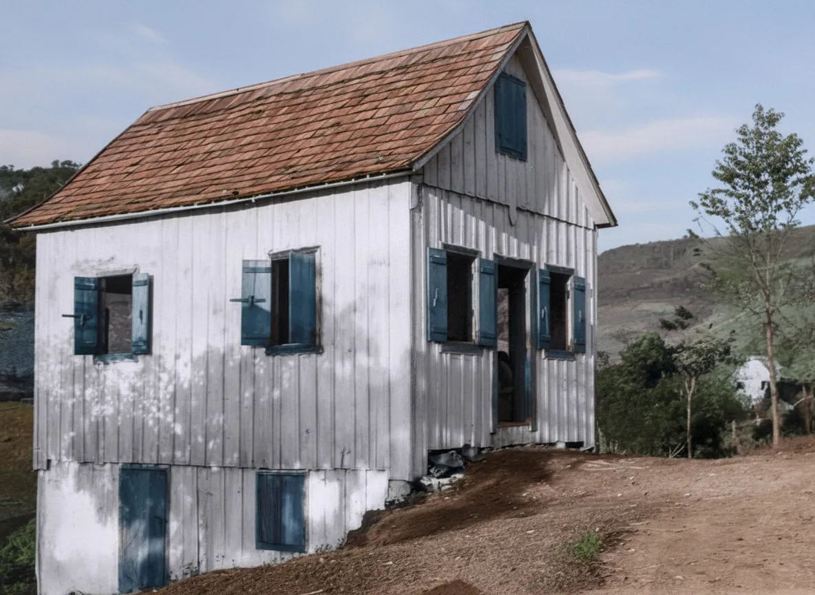 Uma casa de madeira branca e envelhecida com telhado de terracota fica no topo de uma colina de terra batida, com janelas e portas com venezianas azuis abertas, e uma paisagem montanhosa distante sob um céu azul claro.