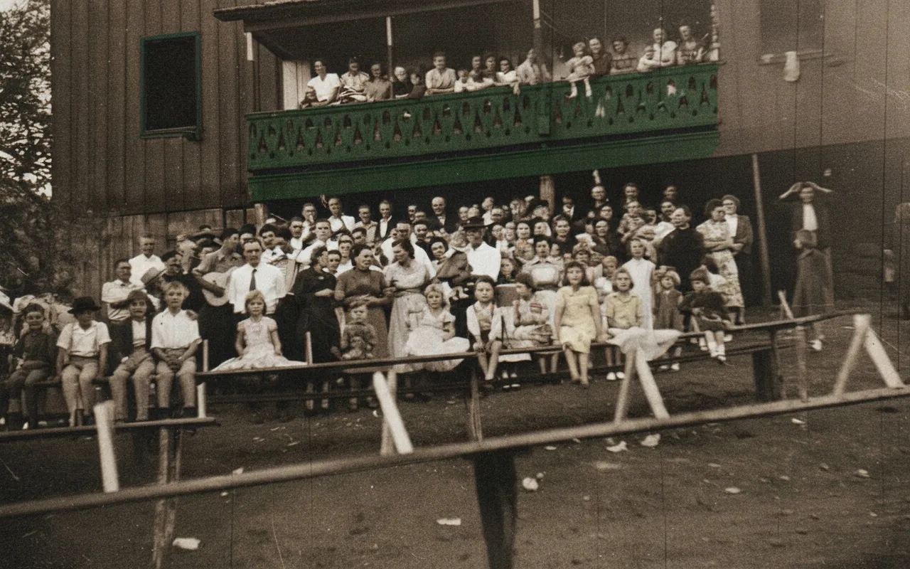 Uma fotografia sépia de um grande grupo de pessoas, incluindo muitos adultos e crianças, reunidas na varanda e em frente a um prédio de madeira de dois andares com uma varanda verde escura.
