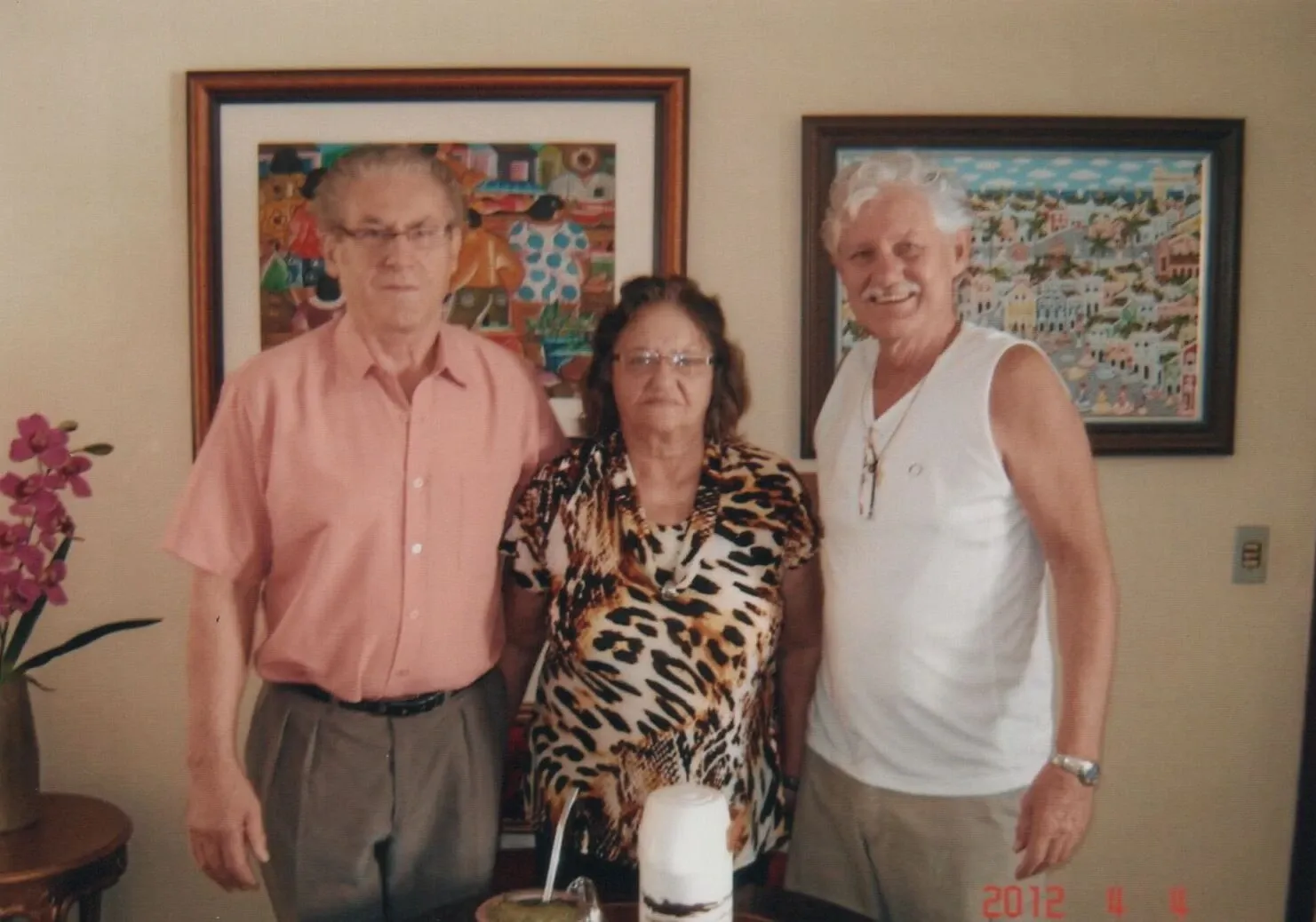 Três idosos sorridentes posam para uma foto, com um homem de camisa rosa e calça cinza à esquerda, uma mulher de blusa estampada de leopardo no centro e um homem de regata branca e shorts cáqui à direita.